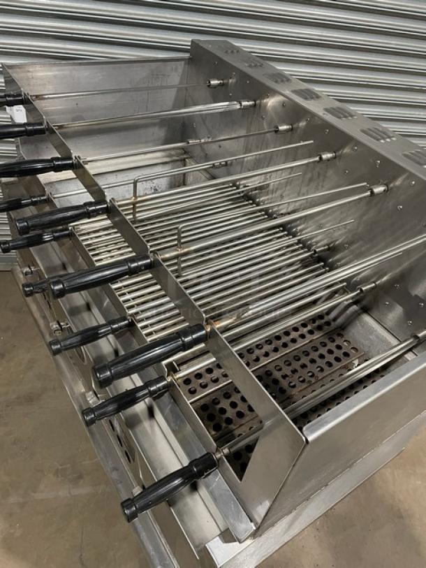 RARE FIND! Old Hickory Commercial Stainless Steel Natural Gas/Charcoal Powered Churrasco Rotisserie Grill! With 13 Knife Spits! With Single Shelf Equipment Stand! On Legs! WORKING WHEN REMOVED! - Image 6 of 15