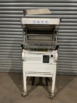 Oliver Commercial White Electric Powered Heavy Duty Variety Bread Slicer! With Stainless Steel Worktop! Model: 777 SN: 169019! 115V 1 Phase! On Casters! WORKING WHEN REMOVED!
