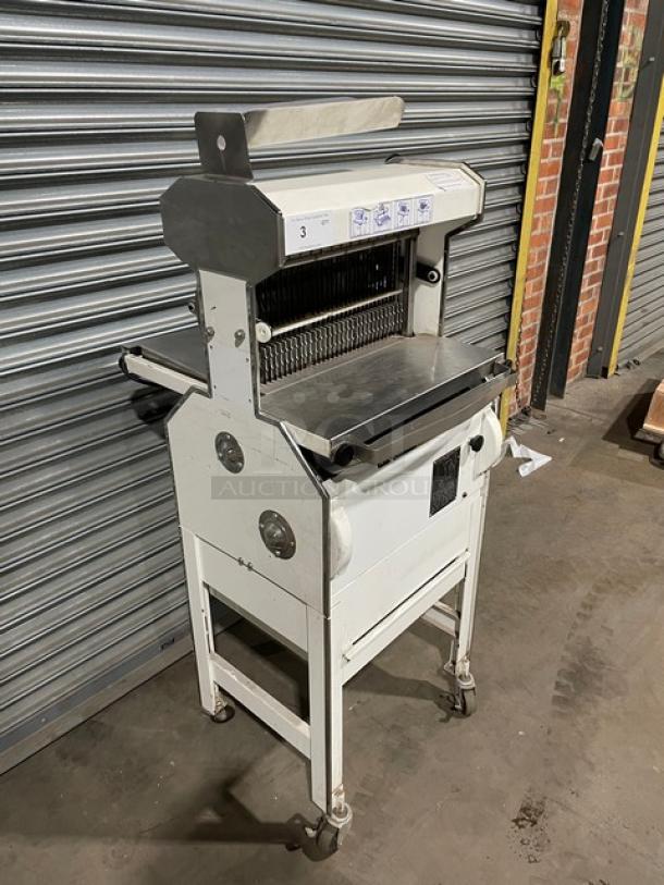 Oliver Commercial White Electric Powered Heavy Duty Variety Bread Slicer! With Stainless Steel Worktop! Model: 777 SN: 169019! 115V 1 Phase! On Casters! WORKING WHEN REMOVED! - Image 2 of 10