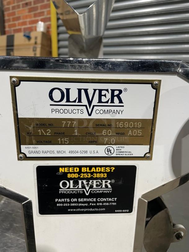 Oliver Commercial White Electric Powered Heavy Duty Variety Bread Slicer! With Stainless Steel Worktop! Model: 777 SN: 169019! 115V 1 Phase! On Casters! WORKING WHEN REMOVED! - Image 8 of 10