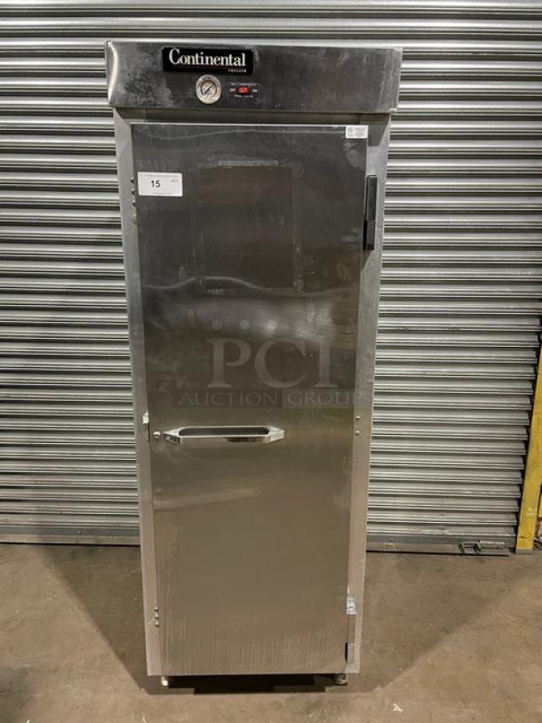 Continental Commercial Stainless Steel Solid Single Door Reach In Freezer! With Built In Pan Holding Rack! Model: 1F-R SN: 154B2766! 115V 1 Phase! On Legs! Remote Compressor, No Compressor! - Image 1 of 10