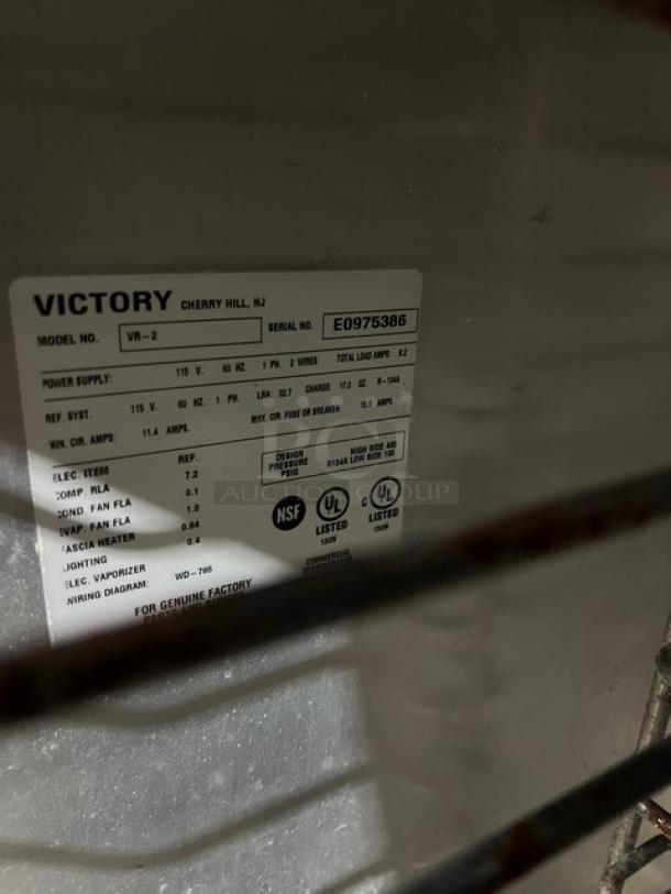 Victory Commercial Stainless Steel Solid 2 Door Reach In Refrigerator! With Adjustable Poly Coated Wire Racks! Model: VR-2 SN: E0975386! 115V 1 Phase! On Casters! - Image 5 of 9