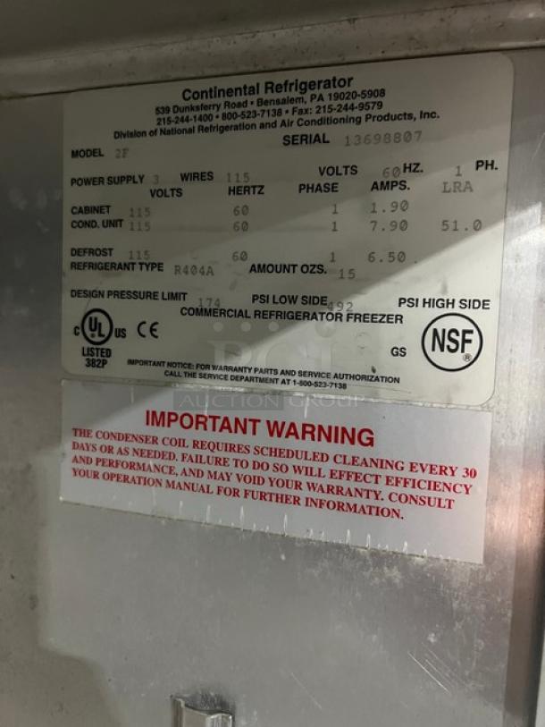 Continental Commercial Stainless Steel Solid 2 Door Reach In Freezer! With Poly Coated Wire Racks! Model: 2F SN: 13698807! 115V 1 Phase! On Casters! - Image 3 of 7