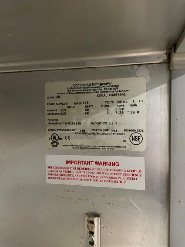 Continental Commercial Stainless Steel Solid 2 Door Reach In Refrigerator! With Poly Coated Wire Rack! Model: 2R SN: 14367341! 115V 1 Phase! On Casters! - Image 7 of 12