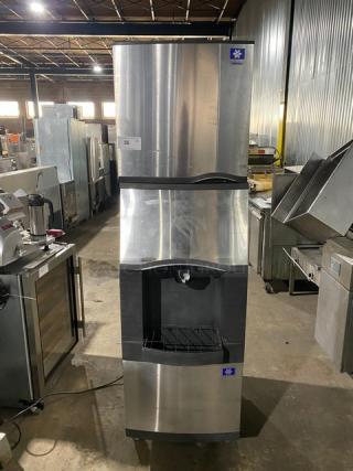Manitowoc Commercial Stainless Steel Self-Contained Water-Cooled Dice Ice Making Machine Head! Model: SD0423W SN: 110679665! 115V 1 Phase! With Manitowoc Commercial Stainless Steel 120 Lb. Hotel Ice Dispenser Bin! With Push Dispenser & Drip Tray! Model: SPA-160 SN: 610067798! 115V 1 Phase! On Legs! ALL ONE MONEY!