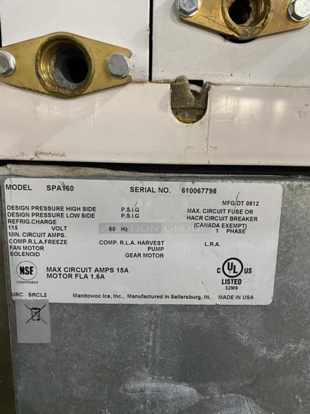 Manitowoc Commercial Stainless Steel Self-Contained Water-Cooled Dice Ice Making Machine Head! Model: SD0423W SN: 110679665! 115V 1 Phase! With Manitowoc Commercial Stainless Steel 120 Lb. Hotel Ice Dispenser Bin! With Push Dispenser & Drip Tray! Model: SPA-160 SN: 610067798! 115V 1 Phase! On Legs! ALL ONE MONEY! - Image 7 of 10