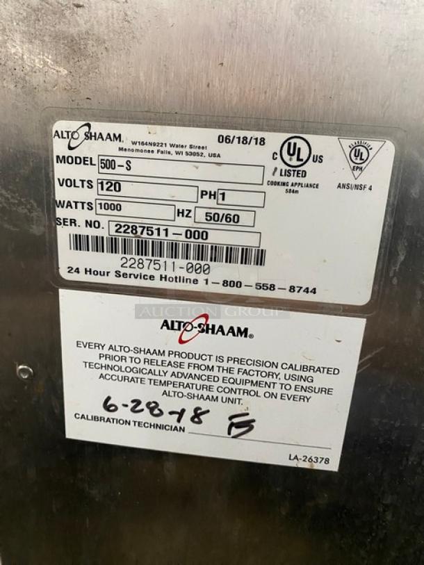 Alto-Shaam! 2018 Late Model! Halo Heat Series Commercial Stainless Steel Electric Powered 6 Pan Mobile Heated Holding Cabinet! With Built In Pan Holding Racks! Model: 500-S SN: 2287511-000! 120V 1 Phase! On Casters! Working When Removed! - Image 9 of 11