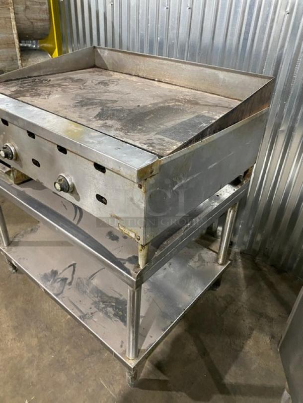 Commercial Stainless Steel Natural Gas Powered Countertop Flat Griddle! With Thermostatic Controls! With Back & Side Splash! With Single Shelf Equipment Stand! On Legs! Working When Removed! - Image 2 of 9