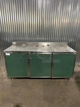 Duke Commercial Stainless Steel Emerald Green Style 3 Door Dry Worktop Cabinet! With Back Splash! With Hand Washing Sink Cut-Out! Model: SUBPS-72-R M SN: 02053093! On Legs!