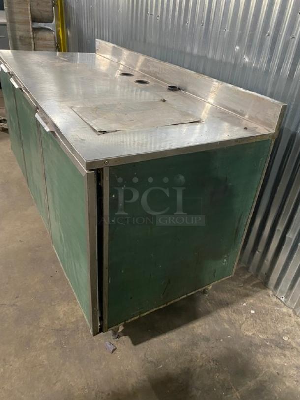 Duke Commercial Stainless Steel Emerald Green Style 3 Door Dry Worktop Cabinet! With Back Splash! With Hand Washing Sink Cut-Out! Model: SUBPS-72-R M SN: 02053093! On Legs! - Image 2 of 9