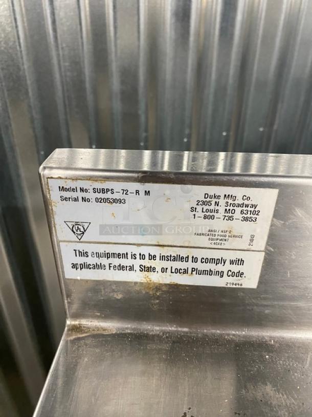 Duke Commercial Stainless Steel Emerald Green Style 3 Door Dry Worktop Cabinet! With Back Splash! With Hand Washing Sink Cut-Out! Model: SUBPS-72-R M SN: 02053093! On Legs! - Image 8 of 9