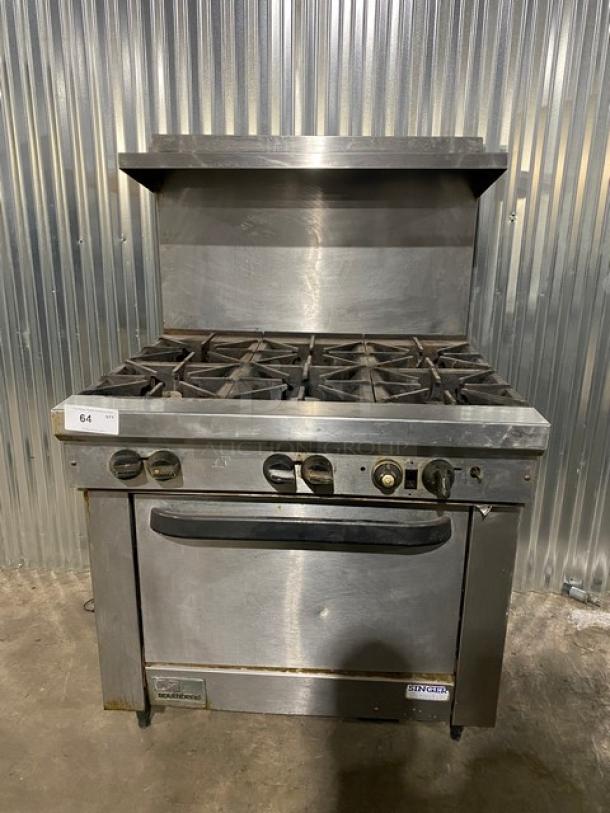 Southbend Commercial Stainless Steel Natural Gas Powered 6 Burner Range/Oven Combo! With Back Splash & Overhead Salamander Shelf! With Wired Oven Rack! Model: X436D SN: 02L38236! On Legs! Working When Removed! - Image 1 of 12