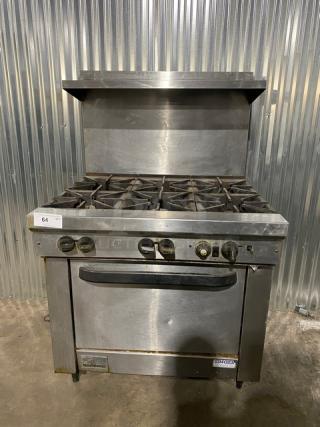 Southbend Commercial Stainless Steel Natural Gas Powered 6 Burner Range/Oven Combo! With Back Splash & Overhead Salamander Shelf! With Wired Oven Rack! Model: X436D SN: 02L38236! On Legs! Working When Removed!