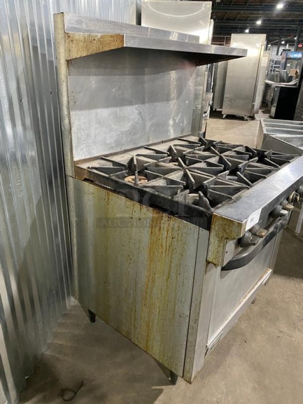 Southbend Commercial Stainless Steel Natural Gas Powered 6 Burner Range/Oven Combo! With Back Splash & Overhead Salamander Shelf! With Wired Oven Rack! Model: X436D SN: 02L38236! On Legs! Working When Removed! - Image 4 of 12