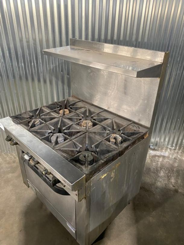 Southbend Commercial Stainless Steel Natural Gas Powered 6 Burner Range/Oven Combo! With Back Splash & Overhead Salamander Shelf! With Wired Oven Rack! Model: X436D SN: 02L38236! On Legs! Working When Removed! - Image 12 of 12