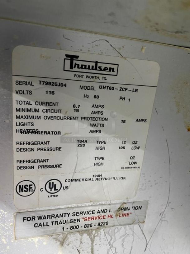 Traulsen Commercial Stainless Steel 2 Door 60" Worktop Refrigerator! With Back Splash! Model: UHT60-ZCF-LS SN: T79925J04! 115V 1 Phase! On Casters! - Image 7 of 11