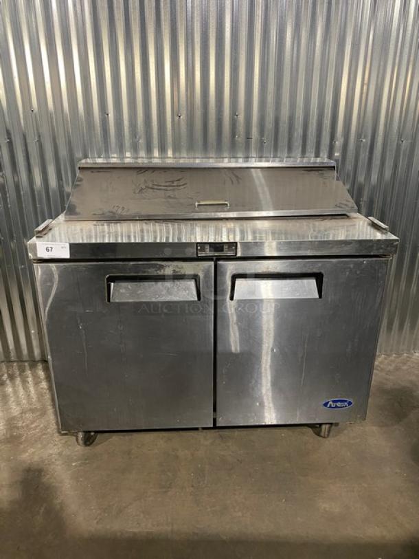 Atosa Commercial Stainless Steel 2 Door Refrigerated Bain Marie Style Mega Top Salad/Sandwich Prep Table! With Food Pans! With Poly Coated Wire Racks! Model: MSF8302GR SN: MSF8302GRAUS100317102100C40036! 115V 1 Phase! On Casters! - Image 1 of 11