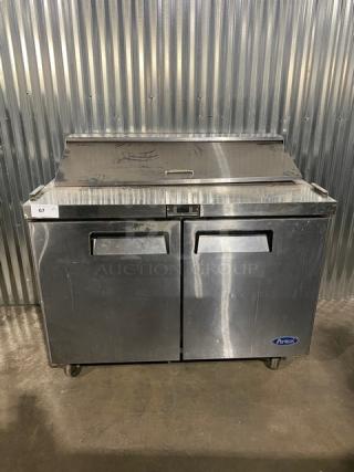 Atosa Commercial Stainless Steel 2 Door Refrigerated Bain Marie Style Mega Top Salad/Sandwich Prep Table! With Food Pans! With Poly Coated Wire Racks! Model: MSF8302GR SN: MSF8302GRAUS100317102100C40036! 115V 1 Phase! On Casters!