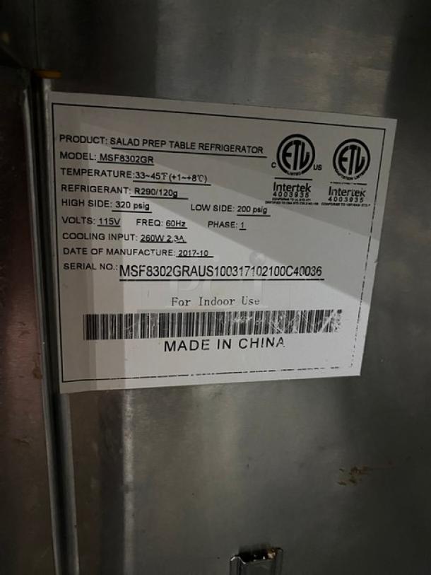 Atosa Commercial Stainless Steel 2 Door Refrigerated Bain Marie Style Mega Top Salad/Sandwich Prep Table! With Food Pans! With Poly Coated Wire Racks! Model: MSF8302GR SN: MSF8302GRAUS100317102100C40036! 115V 1 Phase! On Casters! - Image 7 of 11