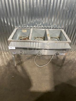Duke Aerohot Series Commercial Stainless Steel Electric Powered Exposed 3-Bay Hot Food Steamtable! With Individual Controls! With Pan Slide Rail! Model: E303 M SN: 06100256! 120V 1 Phase! On Legs!