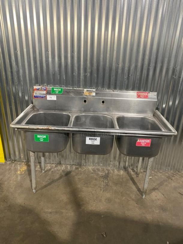 Commercial Stainless Steel 3-Compartment Dishwashing Sink! With Back Splash! With Basket Drain Holes! On Legs! - Image 1 of 9