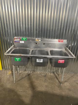 Commercial Stainless Steel 3-Compartment Dishwashing Sink! With Back Splash! With Basket Drain Holes! On Legs!