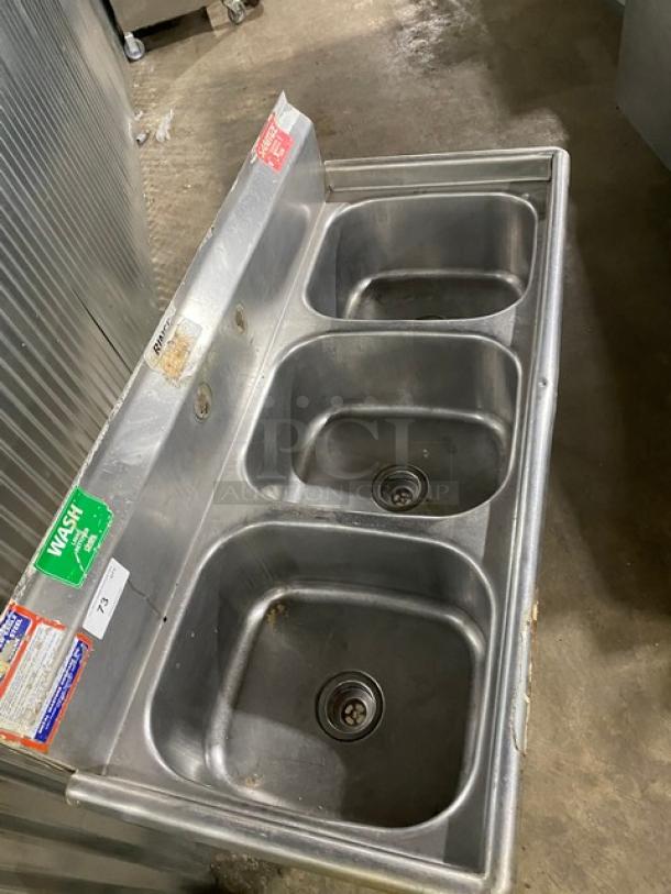 Commercial Stainless Steel 3-Compartment Dishwashing Sink! With Back Splash! With Basket Drain Holes! On Legs! - Image 5 of 9