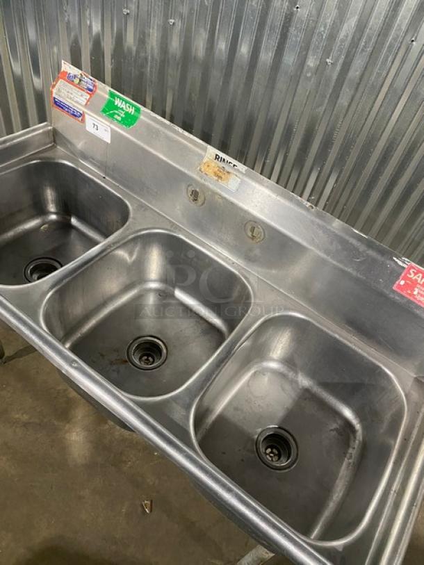 Commercial Stainless Steel 3-Compartment Dishwashing Sink! With Back Splash! With Basket Drain Holes! On Legs! - Image 6 of 9