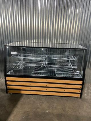 Commercial Black Slanted Glass Refrigerated Multi-Tier Meat Deli Merchandiser Display Showcase! With Lower Storage Compartment! With Poly Coated Wire Racks! With Rear Sliding Glass Doors! On Casters!