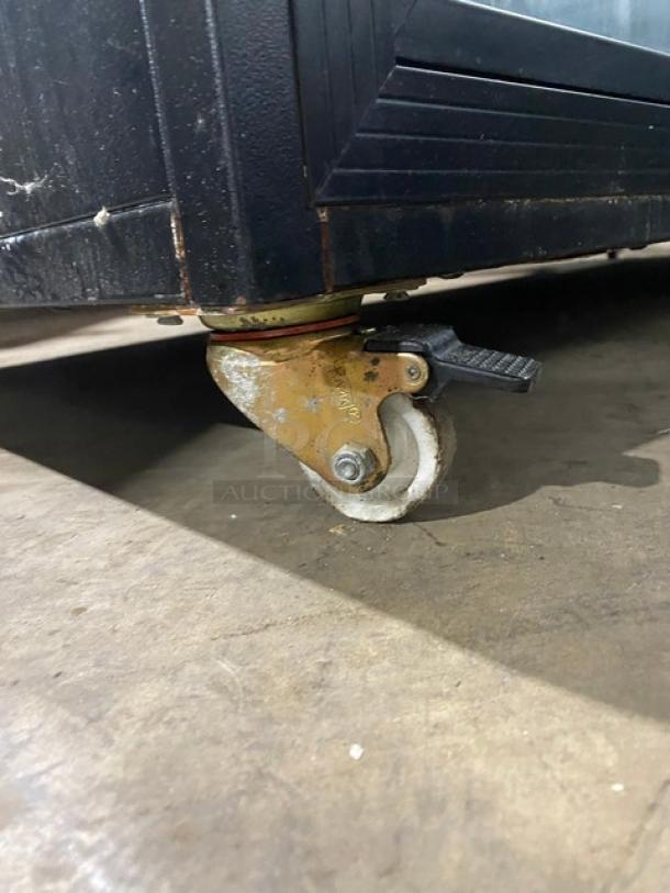 Commercial Black Slanted Glass Refrigerated Multi-Tier Meat Deli Merchandiser Display Showcase! With Lower Storage Compartment! With Poly Coated Wire Racks! With Rear Sliding Glass Doors! On Casters! - Image 11 of 12