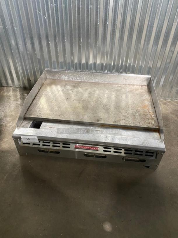 American Range Commercial Stainless Steel Natural Gas Powered Countertop Flat Griddle! With Back & Side Splash! With Legs! - Image 1 of 9