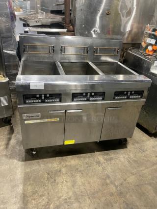Frymaster Commercial Stainless Steel Natural Gas Powered 150 Lb. 3-Bay Deep Fat Fryer System! With Digital Controls! With Back Splash & Basket Hangers! Model: FPPH355 SN: 1603IE0053! 120V 1 Phase! On Casters!