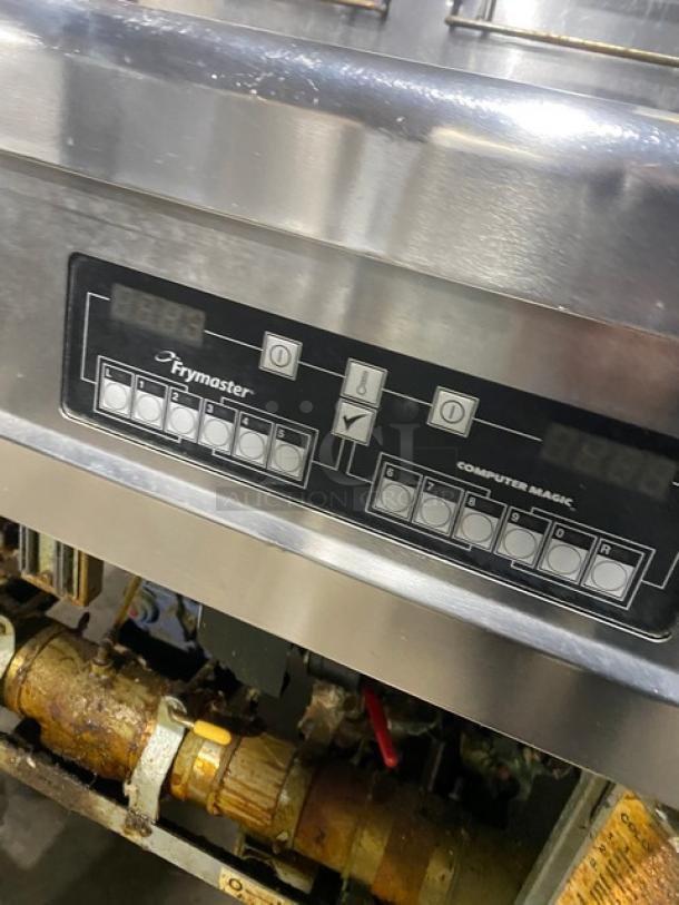 Frymaster Commercial Stainless Steel Natural Gas Powered 150 Lb. 3-Bay Deep Fat Fryer System! With Digital Controls! With Back Splash & Basket Hangers! Model: FPPH355 SN: 1603IE0053! 120V 1 Phase! On Casters! - Image 8 of 10