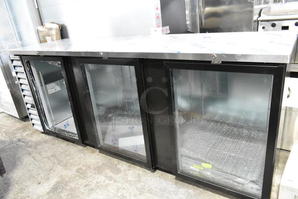 BRAND NEW SCRATCH AND DENT! Beverage Air  BB94HC-1-G-B Metal commercial 3 Door Back Bar Cooler Merchandiser. See Pictures for Broken Glass. 115 Volts, 1 Phase. Tested and Working! - Image 1 of 8