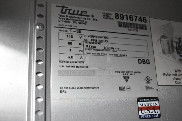 2016 True T-35 Stainless Steel Commercial 2 Door Reach In Cooler. 115 Volts, 1 Phase. Tested and Working! - Image 6 of 6