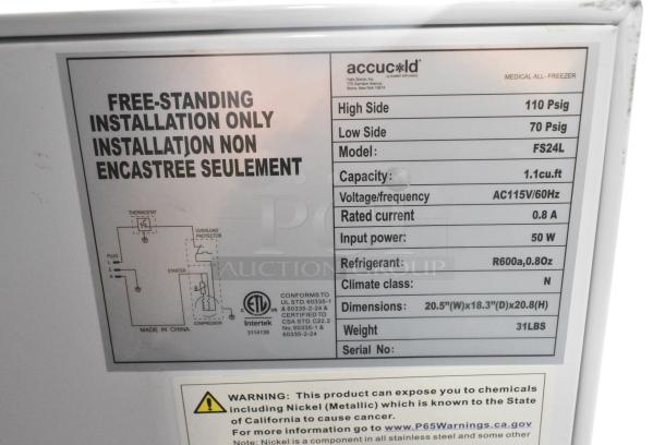 Accucold FS24L Mini Freezer. 115 Volts, 1 Phase. Tested and Working! - Image 6 of 7