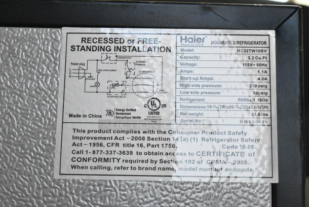 Haier HC32TW10SV Mini Cooler w/ Freezer. 115 Volts, 1 Phase. Tested and Powers On But Does Not Get Cold - Image 9 of 9
