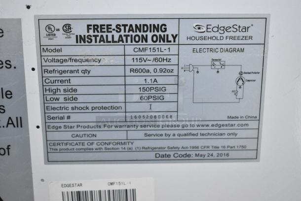 EdgeStar CMF151L-1 Mini Freezer. 115 Volts, 1 Phase. Tested and Working! - Image 7 of 8