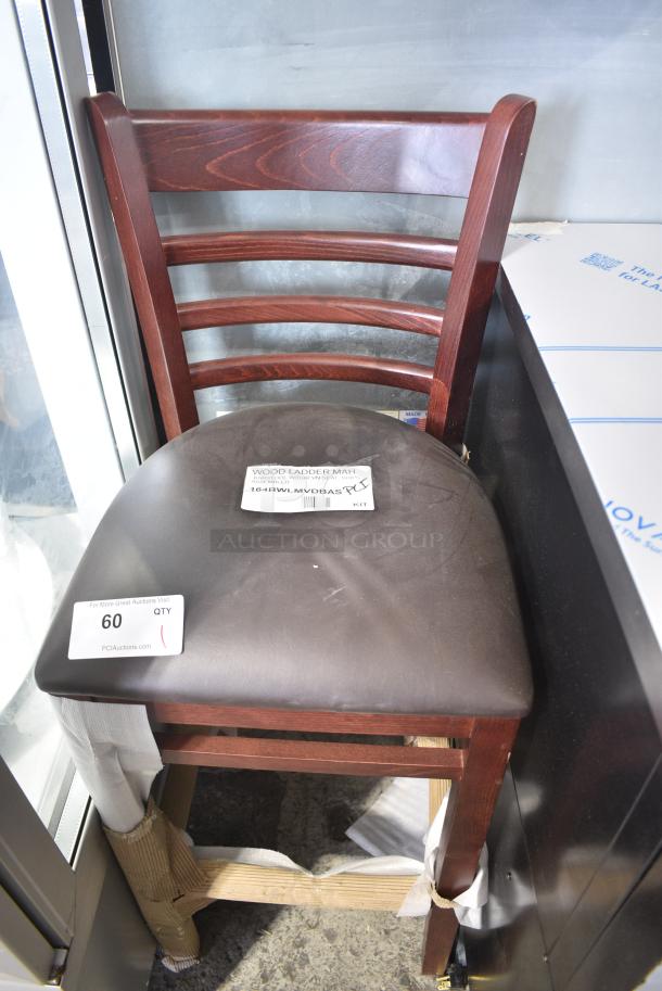 BRAND NEW SCRATCH AND DENT! Lancaster Table & Seating 164BWLMVDBAS Mahogany Finish Wood Ladder Back Bar Stool with Dark Brown Vinyl Seat - Assembled - Image 1 of 5