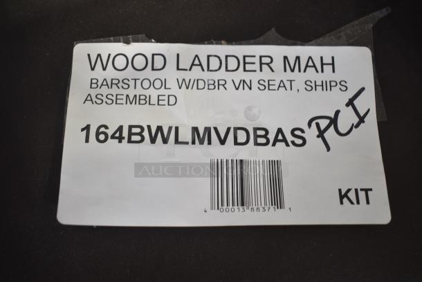 BRAND NEW SCRATCH AND DENT! Lancaster Table & Seating 164BWLMVDBAS Mahogany Finish Wood Ladder Back Bar Stool with Dark Brown Vinyl Seat - Assembled - Image 5 of 5
