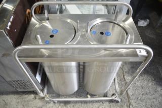 Stainless Steel 2 Well Plate Dispenser Cart on Commercial Casters. Cannot Test Due To Cut Power Cord