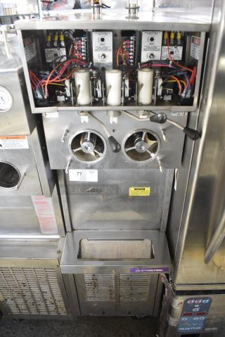 Stoelting 237R-109G Stainless Steel Commercial Floor Style 2 Flavor w/ Twist Soft Serve Ice Cream Machine on Commercial Casters. 208/230 Volts, 3 Phase.