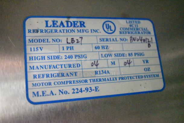 Leader LB27 Stainless Steel Commercial Undercounter Single Door Cooler. 115 Volts, 1 Phase. Tested and Powers On But Does Not Get Cold - Image 6 of 7