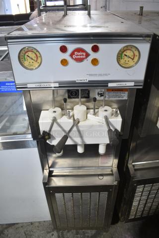 Duke 957R-132C Stainless Steel Commercial Floor Style 2 Flavor w/ Twist Soft Serve Ice Cream Machine on Commercial Casters. 208/230 Volts, 3 Phase.