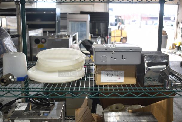 ALL ONE MONEY! Tier Lot of Various Items Including Napkin Dispenser and Poly Round Lids - Image 1 of 5