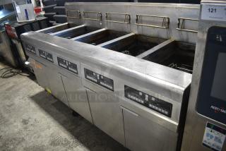 2019 Frymaster FPPH555CSC Stainless Steel Commercial Natural Gas Powered 5 Bay Deep Fat Fryer w/ Filtration System on Commercial Casters. 80,000 BTU.