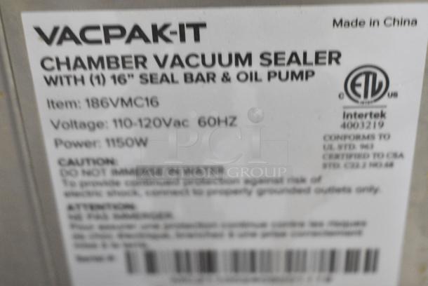 BRAND NEW SCRATCH AND DENT! VacPak-It 186VMC16 Stainless Steel Commercial Countertop Vacuum Sealer. 110-120 Volts, 1 Phase. Tested and Working! - Image 6 of 7
