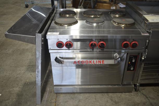 BRAND NEW SCRATCH AND DENT! 2023 Cookline ER36-240 Stainless Steel Commercial Electric Powered 6 Burner Hot Plate Range w/ Oven, Over Shelf and Backsplash. 240 Volts, 3 Phase. - Image 2 of 12