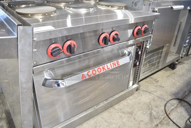 BRAND NEW SCRATCH AND DENT! 2023 Cookline ER36-240 Stainless Steel Commercial Electric Powered 6 Burner Hot Plate Range w/ Oven, Over Shelf and Backsplash. 240 Volts, 3 Phase. - Image 3 of 12