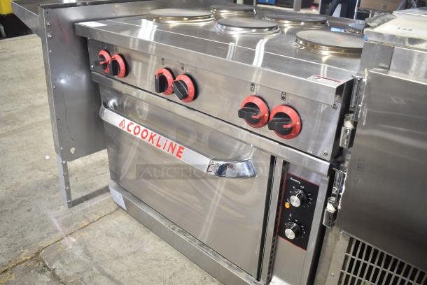 BRAND NEW SCRATCH AND DENT! 2023 Cookline ER36-240 Stainless Steel Commercial Electric Powered 6 Burner Hot Plate Range w/ Oven, Over Shelf and Backsplash. 240 Volts, 3 Phase. - Image 4 of 12